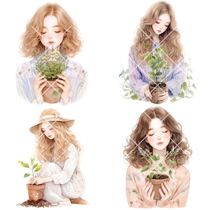 May include: Four illustrations of women with long, wavy hair, each holding a potted plant. The plants are green with small purple flowers. The women are wearing different outfits, including a blue shirt, a pink sweater, a white shirt, and a plaid shirt.
