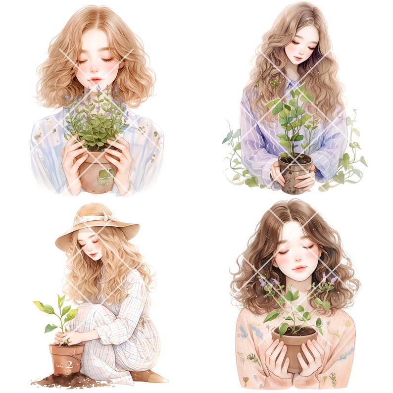 May include: Four illustrations of women with long, wavy hair, each holding a potted plant. The plants are green with small purple flowers. The women are wearing different outfits, including a blue shirt, a pink sweater, a white shirt, and a plaid shirt.