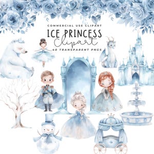 Ice Frozen Princess Clipart Winterland Dusty Blue Kids Verjaardag Frozen PNG Castle Snowman Nursery Decor Girl Baby Shower Gratis commercieel gebruik