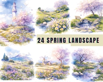 水彩画の春の風景クリップアート：自然風景PNG（商用利用）