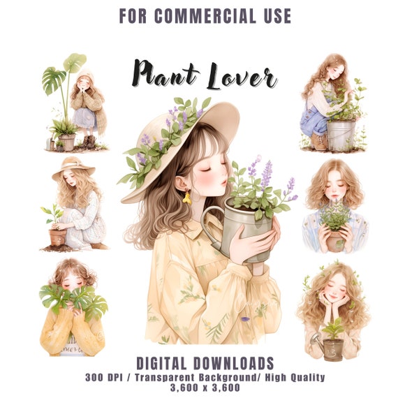 Watercolor Plant Lover Girl Clipart Bundle: Spring Gardening PNG (Commercial Use)