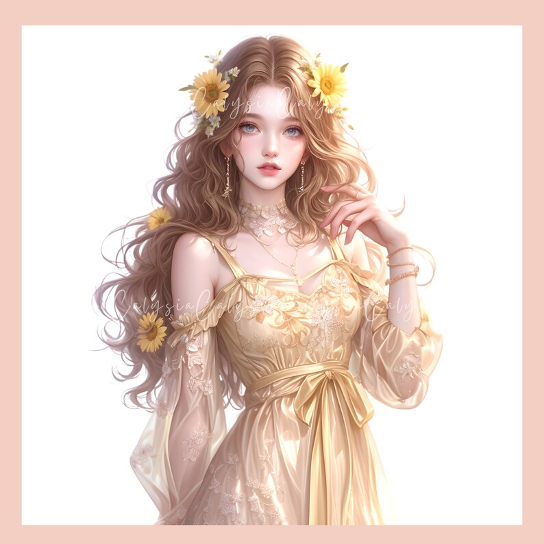 May include: A woman with long blonde hair wearing a yellow dress with a floral pattern and a crown of sunflowers. She is wearing a necklace and bracelets.