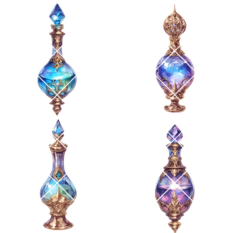 May include: Four ornate glass bottles with gold tops and stoppers. Each bottle contains a different colored liquid with swirling patterns. The bottles are all different shapes and sizes.