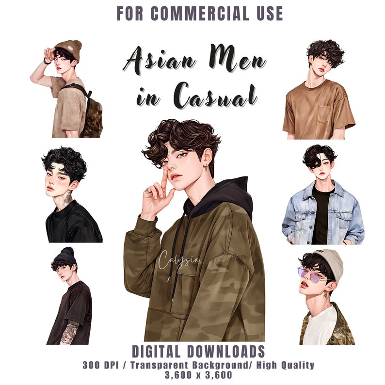 Watercolor Asian Men in Casual Wear Clipart Bundle, Korean Man Clipart, Men Street Fashion Clipart for Journal, Card Making, Commercial Use image 1