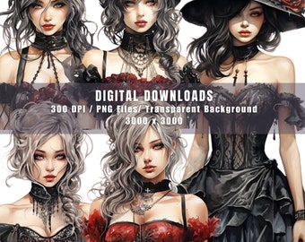 Watercolor Gothic Woman Clipart Bundle: PNG Scrapbook Graphics (Digital Download)