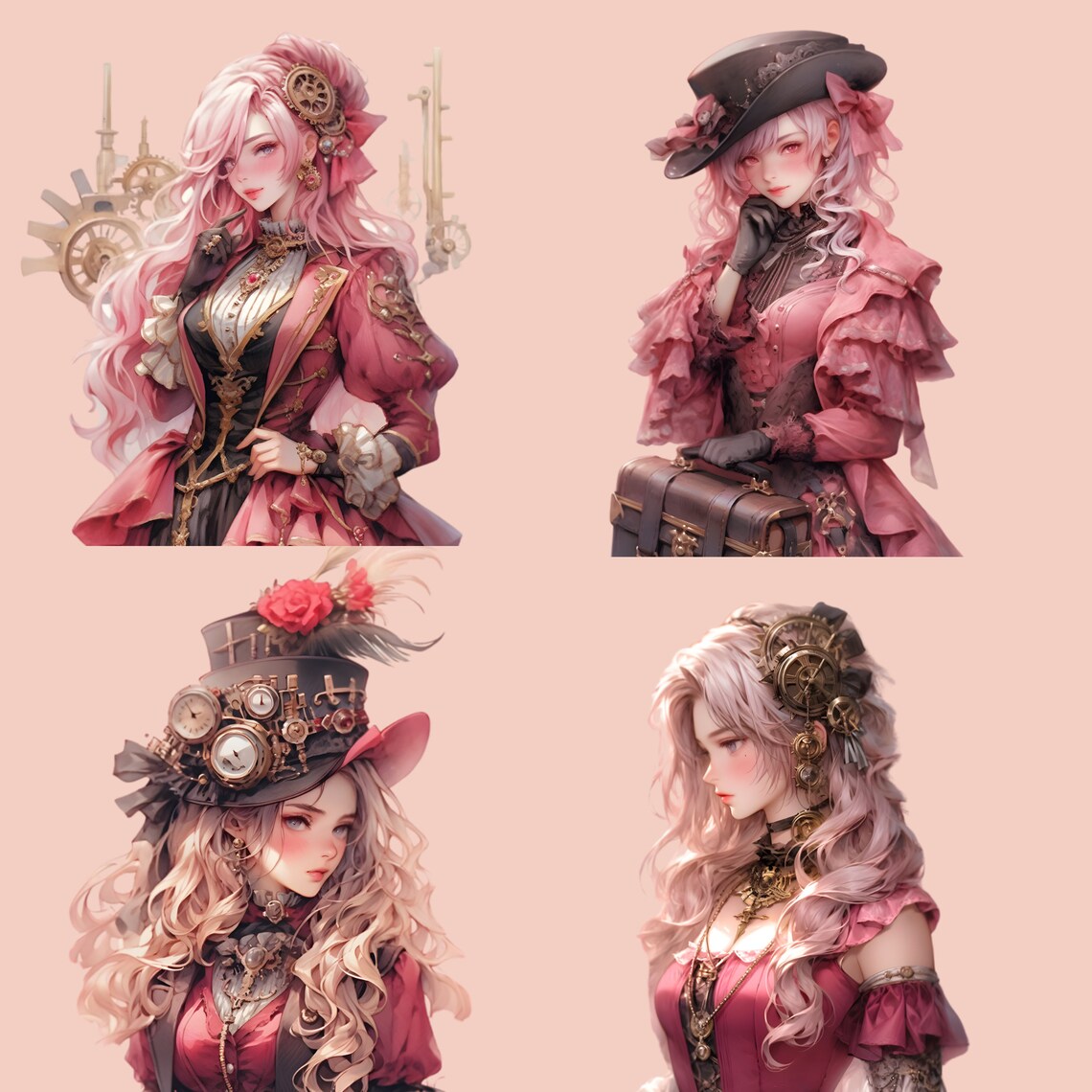 Watercolor Pink Steampunk PNG Clipart Bundle, Pretty Girl PNG Clipart