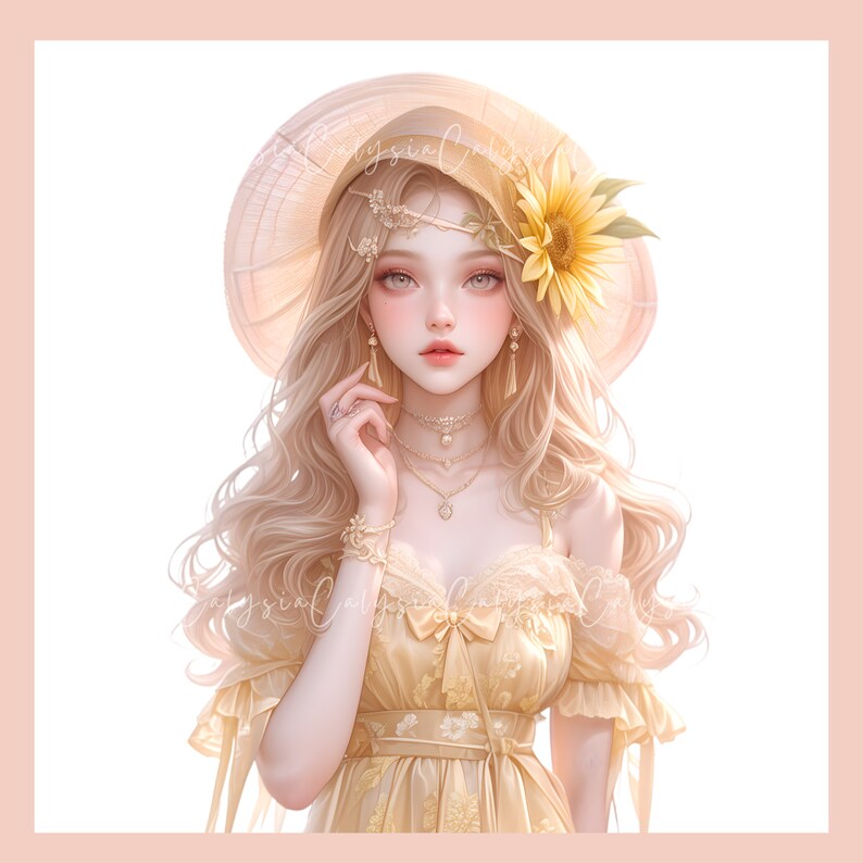 May include: A blonde woman with a sunflower in her hair wears a yellow dress with a lace overlay and a straw hat. She is looking at the camera with a soft smile.
