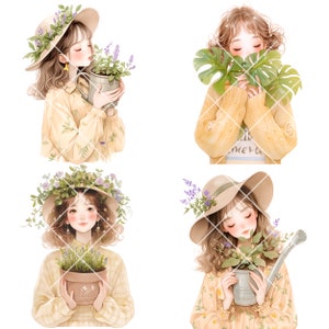 May include: Four illustrations of girls with flowers and plants. Each girl is wearing a hat and a yellow dress. The girls are holding potted plants and a watering can.