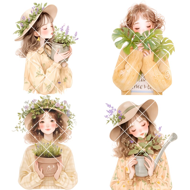 May include: Four illustrations of girls with flowers and plants. Each girl is wearing a hat and a yellow dress. The girls are holding potted plants and a watering can.