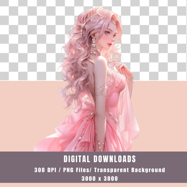 May include: A digital illustration of a woman with long pink hair wearing a pink dress with a lace overlay. The background is transparent.