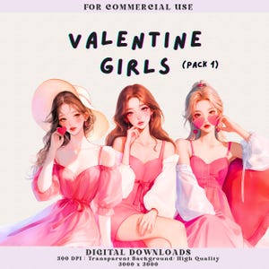 Valentine Girls Clipart: Red Heart Fashion Illustrations (PNG Digital Download)