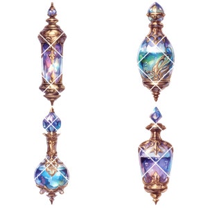 May include: Four ornate glass bottles with gold accents and stoppers. Each bottle contains a different colored liquid with swirling patterns. The bottles are perfect for decorative purposes or for holding essential oils.