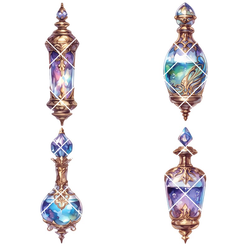 May include: Four ornate glass bottles with gold accents and stoppers. Each bottle contains a different colored liquid with swirling patterns. The bottles are perfect for decorative purposes or for holding essential oils.