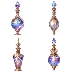 May include: Four ornate glass bottles with gold accents and stoppers. Each bottle contains a swirling purple and blue liquid with glitter.