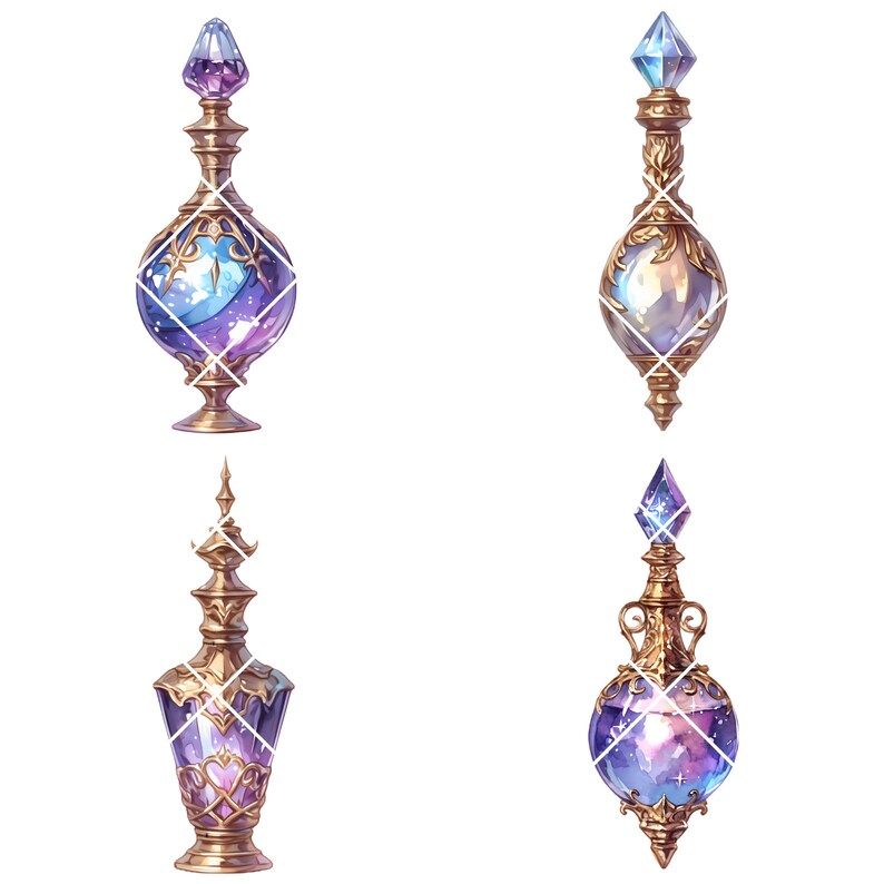 May include: Four ornate glass bottles with gold accents and stoppers. Each bottle contains a swirling purple and blue liquid with glitter.
