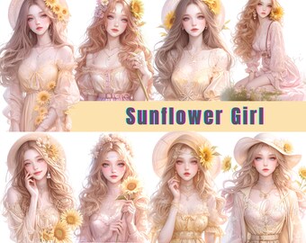 Sunflower Girl Clipart Bundle: Spring Fashion Art (Digital Download)