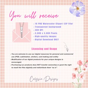 May include: A digital download of 16 watercolor clipart images in a pink envelope with a zipper. The images are 3,600 x 3,600 pixels and 300 DPI. The text "You will receive" and "Licensing and Usage" is included in the image. The text describes the use of the images for personal and commercial use.