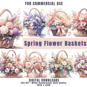春の水彩画の花かご PNG クリップアート バンドル、デジタル プリント、ジャーナル、招待状、カード、工芸品用の花柄 PNG 白い背景