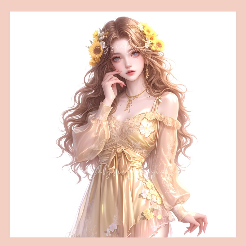 May include: A woman with long blonde hair wearing a yellow lace dress with a sunflower crown. The dress has a sheer overlay and a bow at the waist.