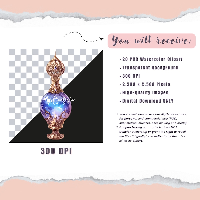 May include: A digital download of 20 watercolor clipart images of a gold and purple bottle with a star design. The images are 2,500 x 2,500 pixels and 300 DPI. The images have a transparent background and are high-quality.