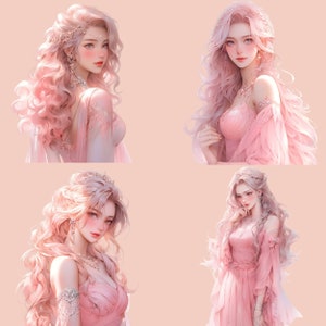 May include: Four digital illustrations of women with long pink hair wearing pink dresses. The women are depicted in a soft, dreamy style with delicate features and flowing hair.
