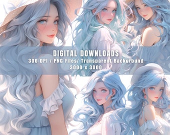 Blue Summer Girl Clipart Bundle: PNG Graphics for Scrapbooking (Commercial Use)