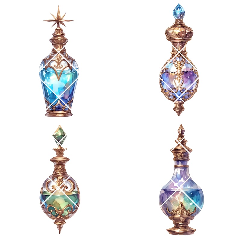May include: Four ornate glass bottles with gold tops and stoppers. Each bottle contains a different colored liquid with swirling patterns. The bottles are all different shapes and sizes.