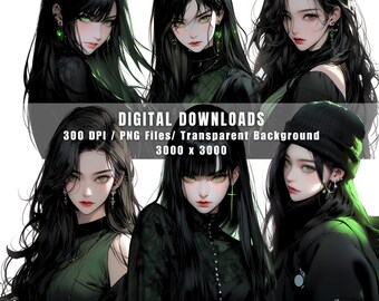 Black Cool Pretty Girl in groen clipartbundel, Cool Girl PNG-clipart transparante achtergrond voor scrapbook, junk Journal, commercieel gebruik