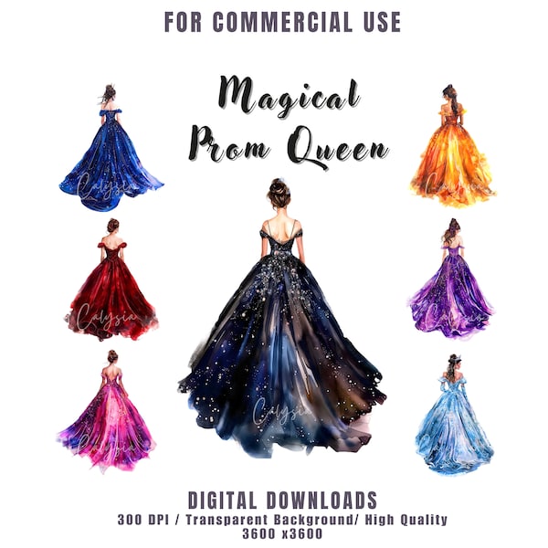 Watercolor Prom Queen Clipart Bundle, Prom Girl Clip art, Magical Prom, Girl in Ball Gown, Debutante Girl for Card Making, Commercial Use