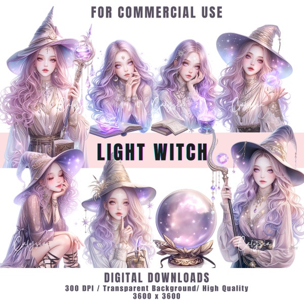 Light Good Witch Clipart Bundle, Witch PNG, Mystical Clipart, Witchcraft Clipart, Wicca PNG, Magical Witches for Junk Journal, Scrapbook