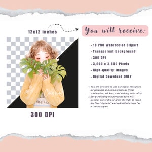 May include: A digital illustration of a girl with brown hair holding a green plant in front of her face. The image is 12 inches by 12 inches and has a transparent background. The image is 300 DPI and is 3,600 pixels by 3,600 pixels.