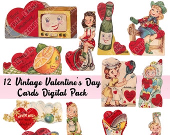 12 Vintage Valentine's Day Cards Pack - Printable 40s - 50s Digital Download, Retro Children's Valentine Collage Sheets, Instant Download