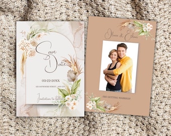 Puede incluir: Tarjeta de guardar la fecha con un diseño floral de acuarela y un marco de fotos. La tarjeta presenta un fondo marrón claro con un arco blanco y el texto "Save the Date" en una fuente de letra cursiva marrón. El marco de fotos está sobre un fondo marrón claro con el texto "Olivia & Ethan se casan!" en una fuente de letra cursiva marrón.