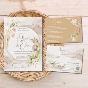 Huwelijksuitnodiging, bewerkbare crèmekleurige bloem aquarel uitnodiging, sjabloon huwelijksuitnodiging, uitnodigingssuite, drie kaarten inbegrepen #Olivia