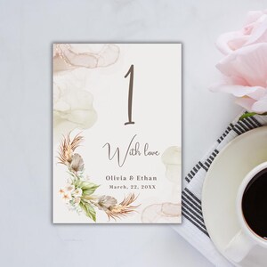 Hochzeits-Tischnummern, bearbeitbares Hochzeitspapier, cremefarbene Blumen-Aquarelleinladungsvorlage, Einladungspaket #Olivia