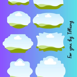 May include: Set of five blue and green printable labels with a sky and grass design. The labels have a scalloped edge and are perfect for adding a touch of whimsy to your crafts.