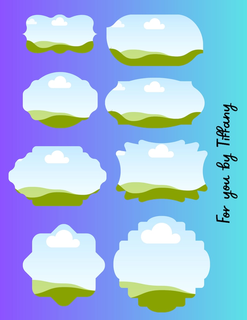 May include: Set of five blue and green printable labels with a sky and grass design. The labels have a scalloped edge and are perfect for adding a touch of whimsy to your crafts.