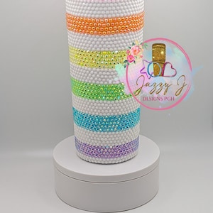 Rainbow & White Stripe Rhinestone Tumbler