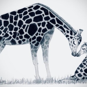 Girafe et veau | Carte d'art animalier dessinée à la main | Dessin au crayon original | Carte de vœux vierge avec enveloppe