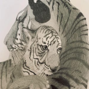 Tigre madre e cucciolo | Biglietto di auguri con animale disegnato a mano con busta | Arte originale della fauna selvatica | Vuoto all'interno | LIBELLULA