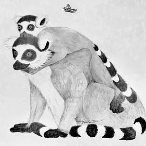 Maki & Baby | Originele handgetekende kaart | Door de natuur geïnspireerde dierenkunst | Lege wenskaart met envelop |