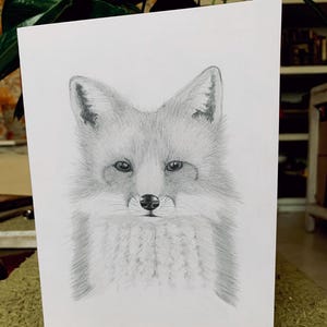 Originele, met potlood getekende, blanco kaart | Handgetekende vos | Elegant & Oprecht | Gratis wereldwijde verzending