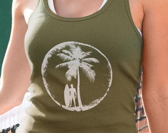 Camiseta sin mangas con espalda nadadora y estampado de palmeras: ropa bohemia de playa para el verano