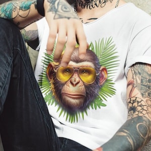 Hipster Monkey V-Neck T-Shirt: Sunglasses Graphic Tee