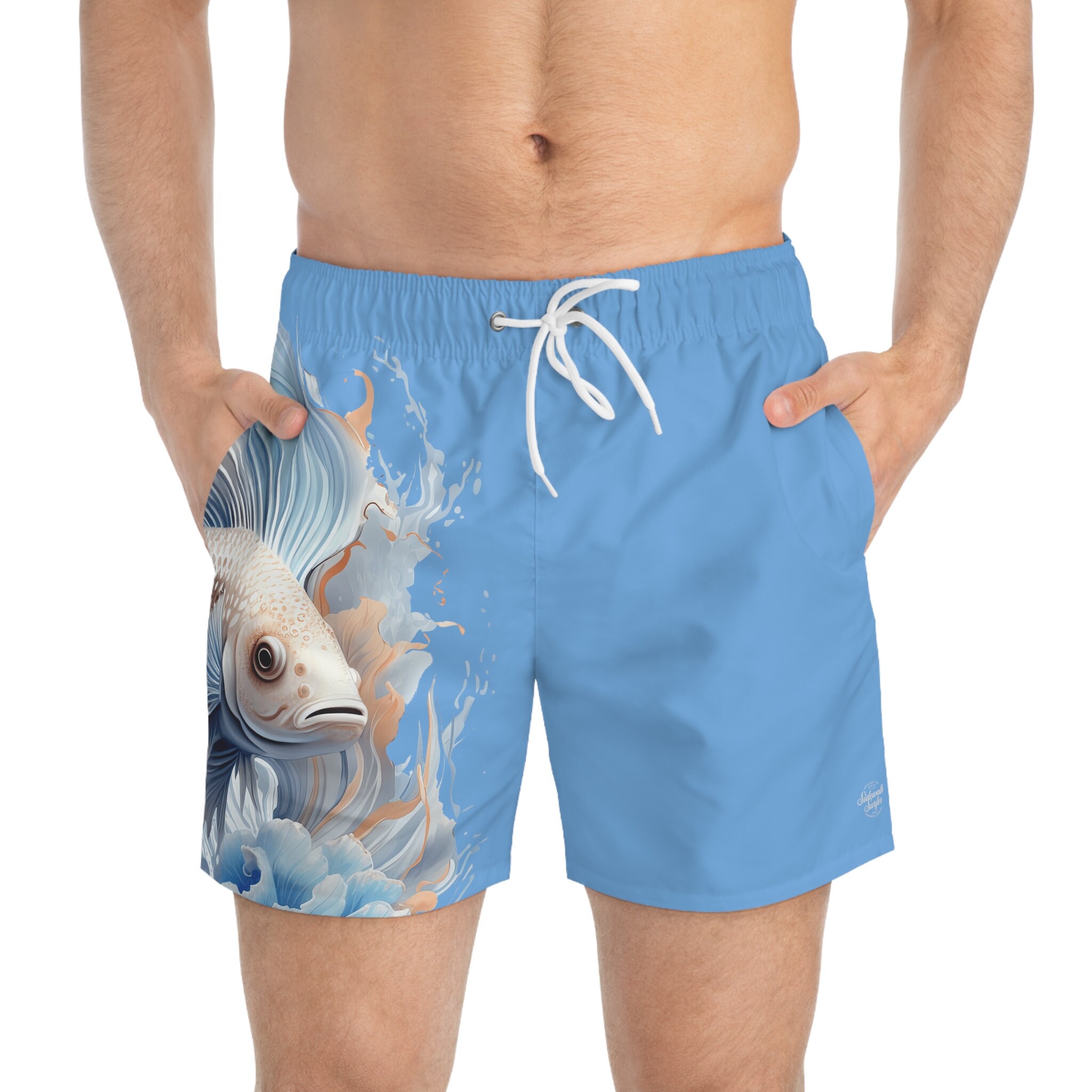 Men Swim Trunks Blue Fish Design, Swim Suit Draw String, Trunks Mesh ...