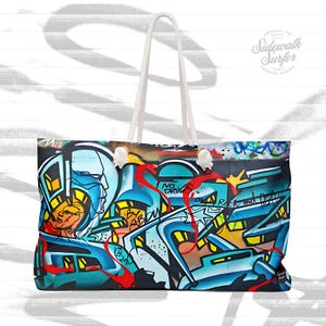 Urban Graffiti Weekender Bag, Statement Famous People Street Art Tote, Travel Essentials, Grunge Sidewalk Bag, Edgy Apparel