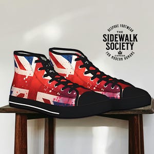 Union Jack England Flag High Top Sneakers, Black Sole Shoes for Men, Red and Black Urban Streetwear Punk Shoes, English Flag Hi-Tops