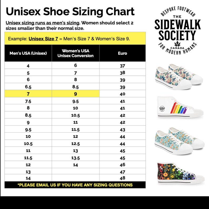 May include: Unisex shoe sizing chart with men's US sizes, women's US sizes, and European sizes. The chart shows the conversion between the three sizing systems. The chart is yellow and white. The chart is next to images of four different pairs of shoes. The shoes are all white canvas shoes with different patterns. The shoes are from The Sidewalk Society, a company that makes bespoke footwear for modern humans.