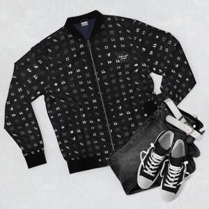 Urban Black Bomber Jacket with Modern Edge, Jacket with grey pattern graphic, Designer Bomber Jacket, Boyfriend Gift, Spring Jacket