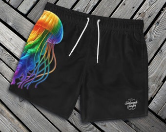 LGBT Jellyfish Rainbow Mens Swim Trunks, Pride Rainbow Design, Swim Suit Mesh Lining and Pockets, Cottage Lake Summer, Men's Swim Trunks